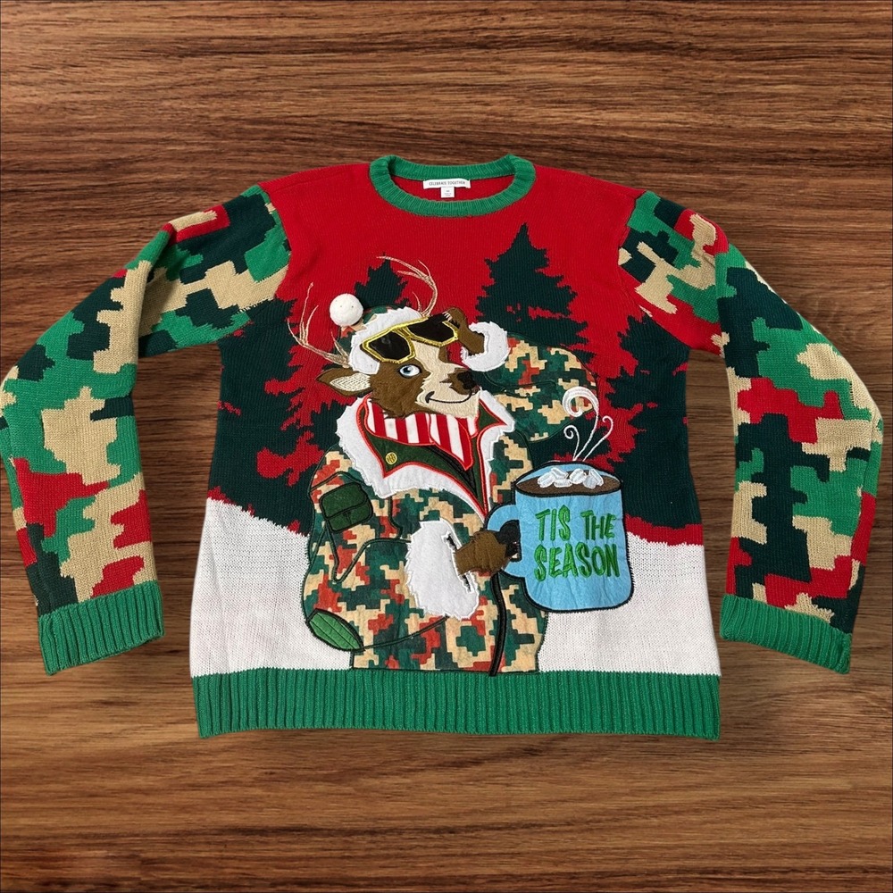 Celebrate Together‎ Mens Ugly Christmas Sweater Reindeer Hot Cocoa Camo Size M